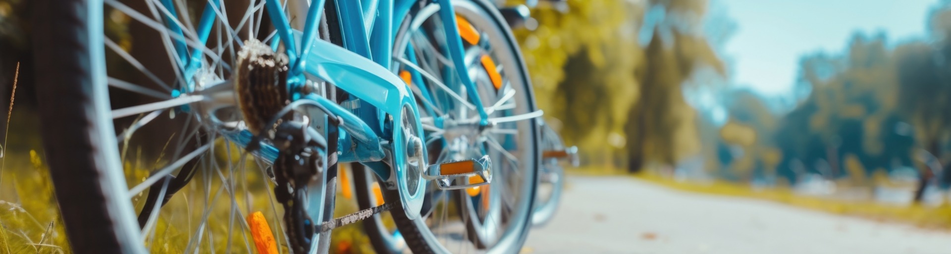 Geparkeerde blauwe fiets op een pad met bomen